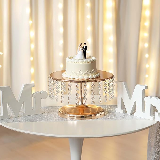 2 Pcs Gold Metal Mirror Cake Stand Set with Crystal Pendants - 11.8"W Elegant Dessert Table Display for Weddings, Birthday Parties, Baby Showers, Events - Sturdy Crystal Bling Cupcake Stands for Pastries, Sweets, Decorations