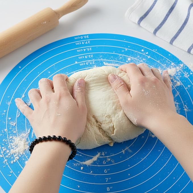 12 Inch Round Baking Mat 2PCS Silicone Cake Mat with Measurements | Non-Stick Heat Resistant Cake Turntable Non-slip Mat Reusable Cookie Pad for Pastry Dough and Baking (Pink and Blue)