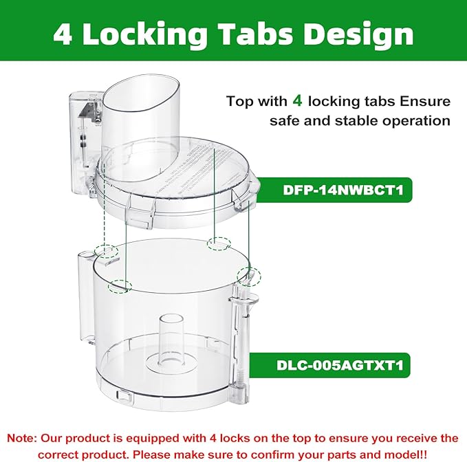 DFP-14NWBCT1 Food Processor Bowl Lid Replacement fit for Model DFP-14, Compatible with Cuisinart Food Processor DLC-005AGTXT1 Bowl, 4 Locking Knob(4.45 * 7.6in)