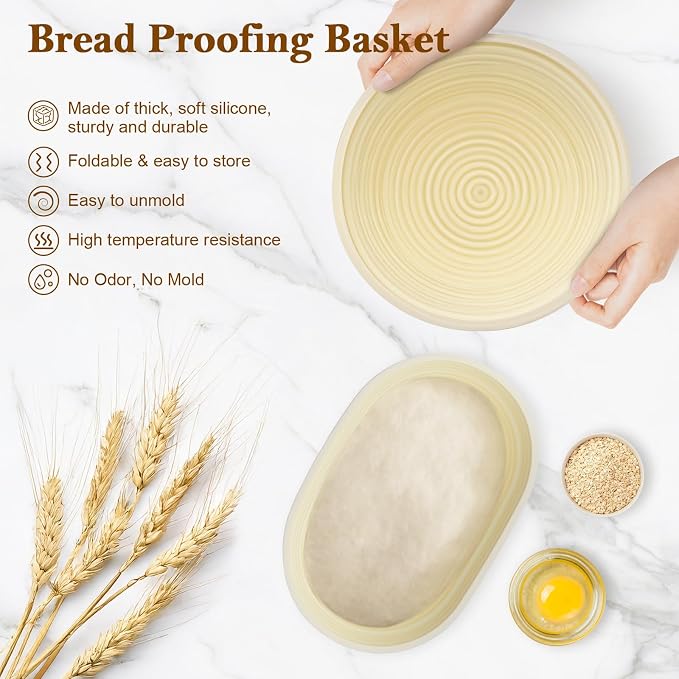 Complete Sourdough Starter Kit 9"Round & 10" Oval Silicone Banneton Bread Proofing Baskets, Sourdough Bread Baking Supplies with 34oz Fermentation Jar, Bread Lame, Scraper, Danish Whisk