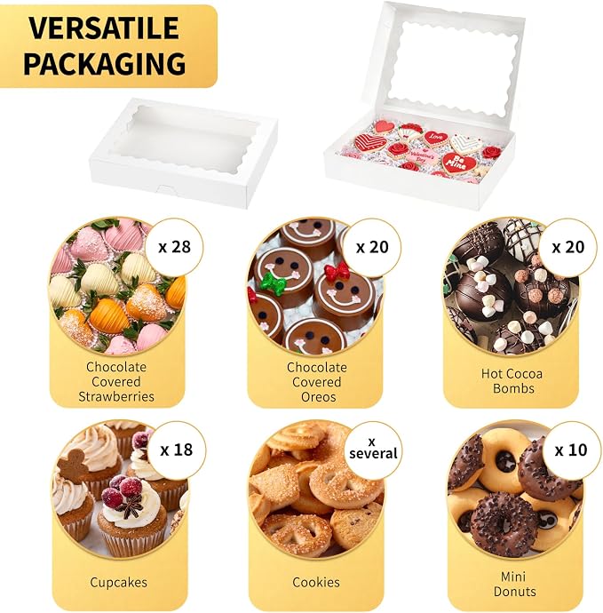 Ocmoiy 20 Pack Cookie Boxes, 14x10x2.5 Inch Large Bakery Boxes with Window, Auto-Popup Treat Box for Chocolate Covered Strawberries, Pies, Donuts, Muffins, Breakable Heart
