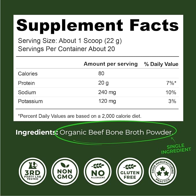 16oz Organic Bone Broth Protein Powder from Grass Fed Beef - USDA Certified Organic, Single Ingredient, Rich in Collagen, Glucosamine, No Additives, Perfect for Carnivore, Paleo, and Keto Diets