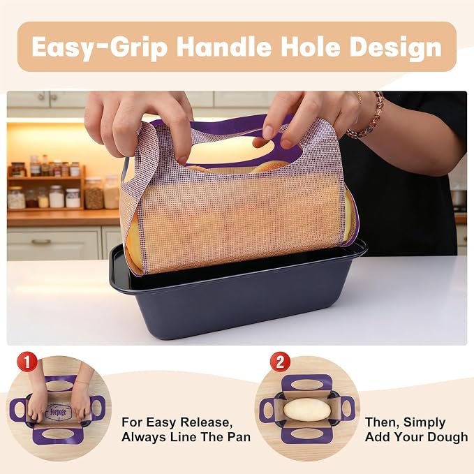 Loaf Pan with Liners Set: 2-Pack Nonstick 9 x 5 Inch Bread Pan and Loaf Liners for Homemade Oven Baking - Rectangular Baking Tray for Kitchen Home Baker Make Sourdough Banana Sandwich Bread(Purple)