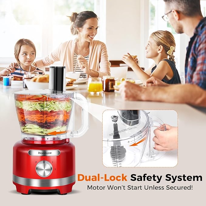 Homtone 16 Cup Food Processor Large, 9 Functions 3 Speeds for Shredding, Slicing, Making French Fries, Chopping Meat, Kneading Dough & Emulsifying, Red