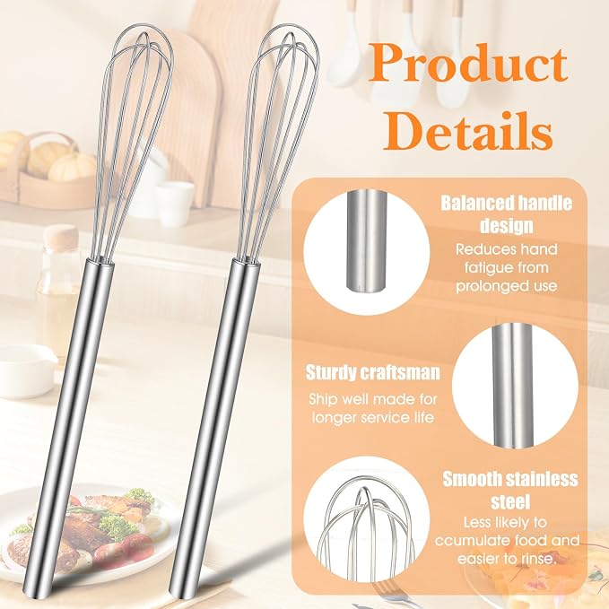 2PCS Small Wire Whisk, Stainless Steel 10in Wire Whisk for Cooking, Easy-to-Clean Small Espresso Whisks for Whisking, Beating, Blending Eggs and Sauces, Cooking, Dishwasher Cleanable