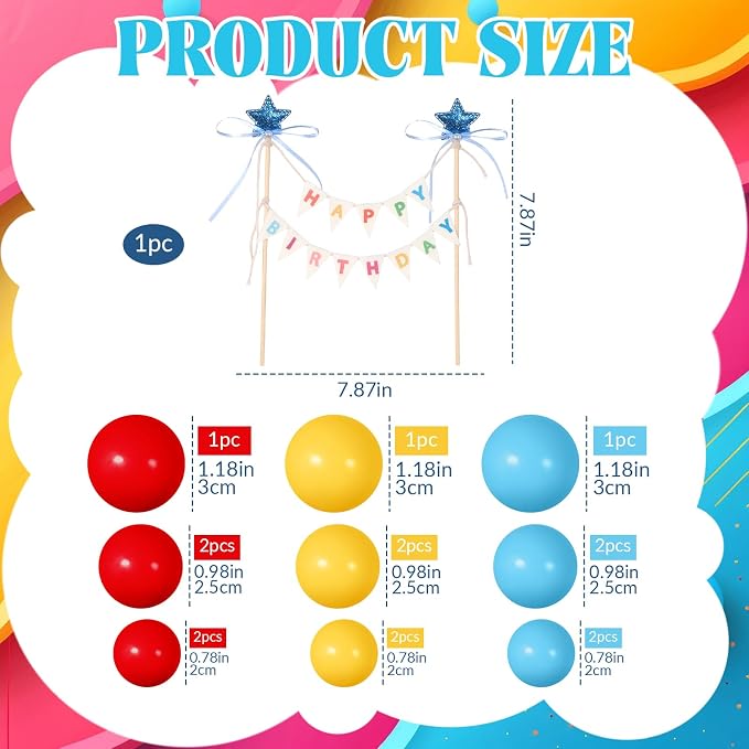 16 Pcs Happy Birthday Cake Topper Cake Bunting Topper Banner with Wood Pole Rainbow Garland with Bow Ribbon Balloon, Mini Cupcake Decor for Birthday Baby Shower (Lake Blue,Yellow,Red)