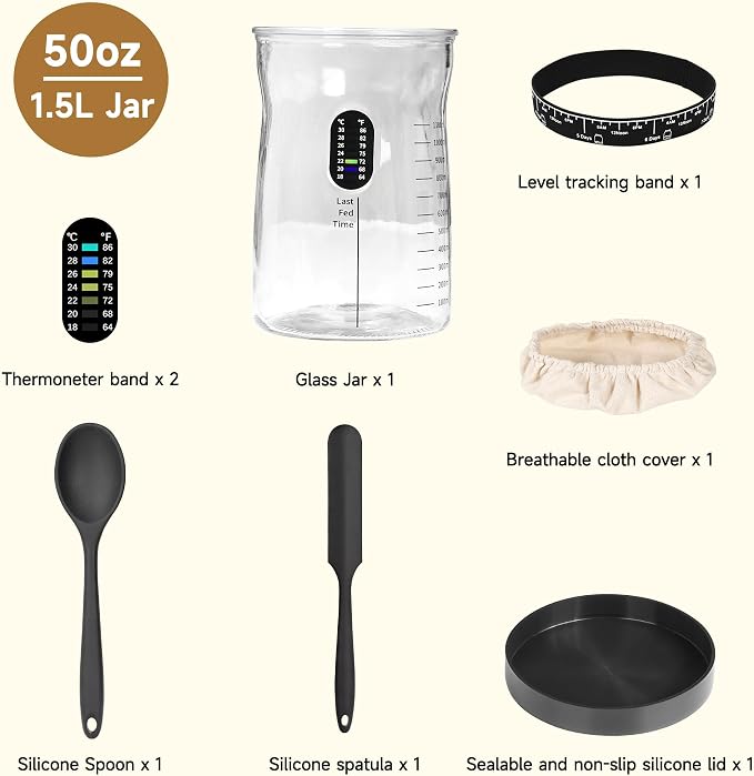 50 oz Large Sourdough Starter Jar Glass - Wide Mouth Sourdough Starter Kit with Lid for Beginners with Spatula, Feeding Instructions & Recipes (1 Pack)