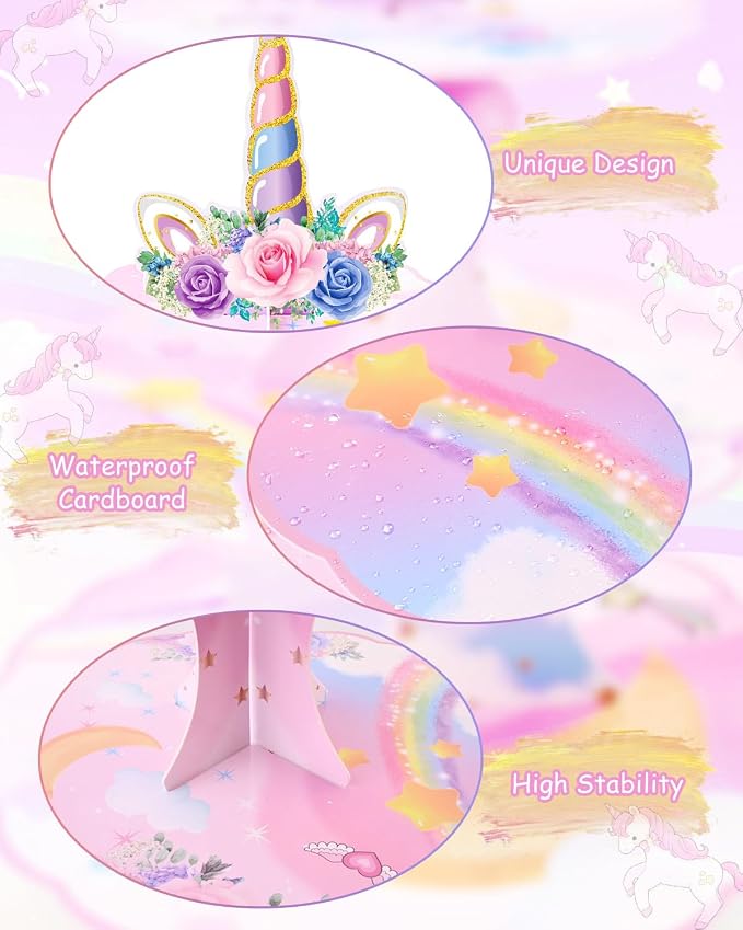 2 Pack Unicorn Cupcake Stands Birthday Decorations: 3-Tier Unicorn and Rainbow Theme Party Supplies Cake Stand Toppers for Girls Kids - Suitable for 48pcs Cupcakes Pink Table Decorations
