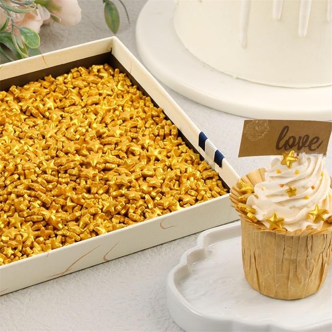 Sentovac Gold Star Sprinkles Edible Sugar for Cake Decorating Mix Sizes Gold Star Sprinkles Cake Topper Cupcake Cookie Baking Decorations Halloween Christmas Wedding Supplies 4.23oz