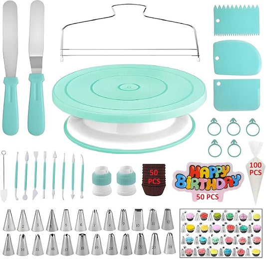 Cake Decorating Kit, 248 Pcs Baking Supplies (Green) | Cake Turntable, Leveler, 24 Numbered Icing Tips, 2 Spatulas, 3 Scrapers, 50 Cupcake Liners, 100 Pastry Bags & More