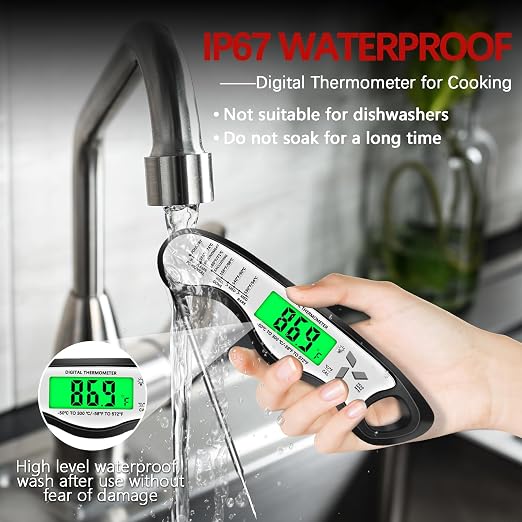 Meat Thermometer Digital，IP67 Waterproof Cooking Thermometer with Backlight, Calibration & Hold Function，Food Thermometer for Cooking,Outdoor Grilling