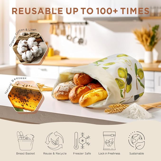 Reusable Beeswax Bread Bag for Homemade Sourdough, Natural Sourdough Bread Storage Bags, Keep Fresh, Bakery Essentials