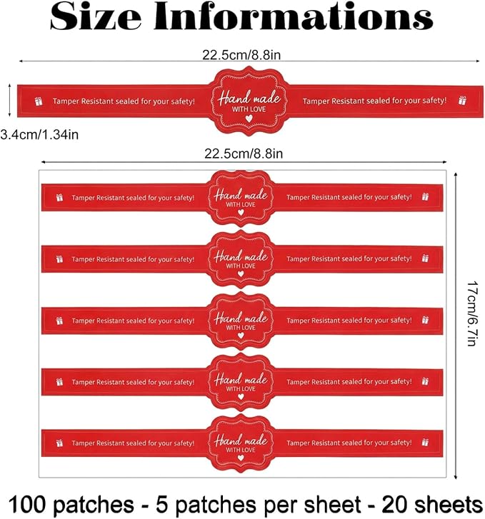 100Pcs Food Tamper Seal Sticker for Package Food Retail Package Seal Label | Food Retail Package Seal Stickers 8.8 x 1.3 Inch Tamper Evident Labels for Handmade Bakery Candy Artisan Crafts(Red)
