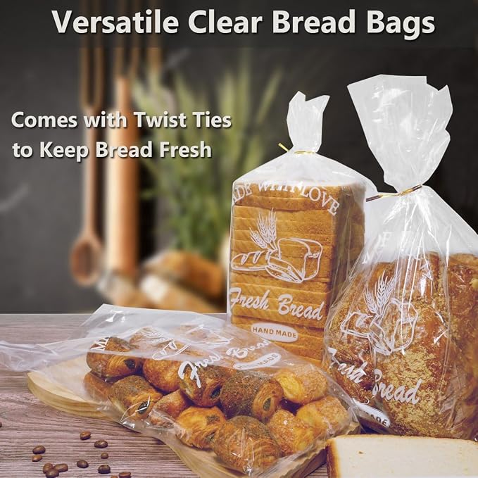 Bread Loaf Packing Bags with Ties, Printed Large Bakery Homemade Bread Plastic Bags, 8” x 4” x 18”,40 Pack, Printed Container Reusable Adjustable