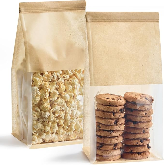 ZORRITA Bakery Bags with Window, 50 Pack, 5.1 x 3.9 x 11 Inches | Tin Tie Tab Lock, For Cookies, Bread, Bagels, Pastry, Popcorns and Snacks