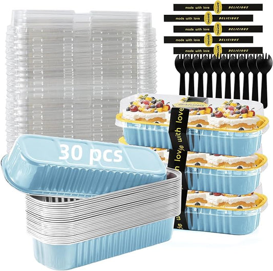 Mini Loaf Pans with Lids and Spoons Sealing Sticker,6.8oz Cake Pans for Baking Disposable Aluminum Foil Pink/Red cake pan (30, Sky Blue)