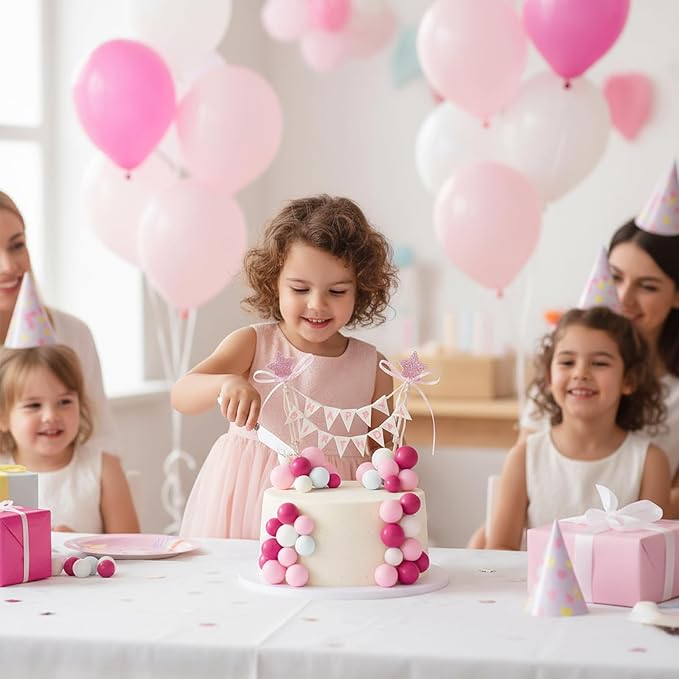 16 Pcs Happy Birthday Cake Topper Cake Bunting Topper Banner with Wood Pole Rainbow Garland with Bow Ribbon Balloon, Mini Cupcake Decor for Birthday Baby Shower (White,Pink,Rose Pink)