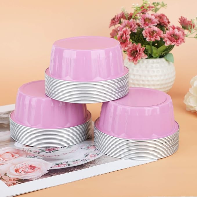 Beasea Disposable Ramekins with Lids Pink, 8oz 100 Pack Aluminum Cups for Baking, Aluminum Foil Cups Creme Brulee Muffin Cupcake Baking Cup Mini Pudding Cups for Party Wedding Birthday