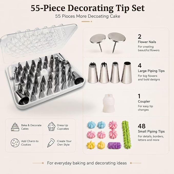 55 Pcs Piping Tips Set with Storage Case, Stainless Steel Icing Nozzles for Cake Decorating, 48 Small and 4 Large Frosting Tips, 1 Coupler, 2 Flower Nails for Cupcakes, Cookies, Desserts