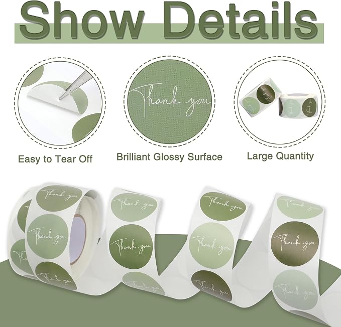 1000Pcs Thank You Stickers Label Roll 6 Colors Small Business Sticker Seal Sticker for Packaging Paper Decal Decor Box Gift Sealing Label Stickers for Bottle Canning Wraps (Sage Green)