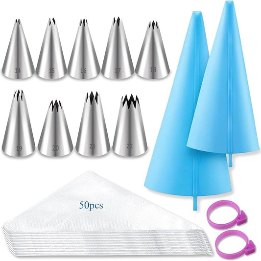 63Pcs Star Piping Tip with Pastry Bags, Stainless Steel Star Frosting Tip | Small Piping Tips, Stainless Steel, Disposable & Reusable Pastry Bags, Silicone Ties