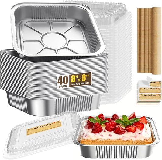 Gyreuni 40 Pack Disposable Aluminum Foil Loaf Pans with Lids Stickers and Parchment Paper Sheets-8" X 8" X 1.6" Disposable Square Baking Cake Pans-Aluminum Foil Tins Portable Food Containers Kit