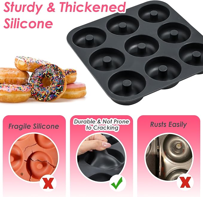 Webake 2 Packs Platinum Silicone Donut Pans for Baking, 3.2 Inch Non-Stick Donut Molds, 9-Cavity Donut Pans Bagel Molds, Food-Grade BPA Free & Dishwasher Safe