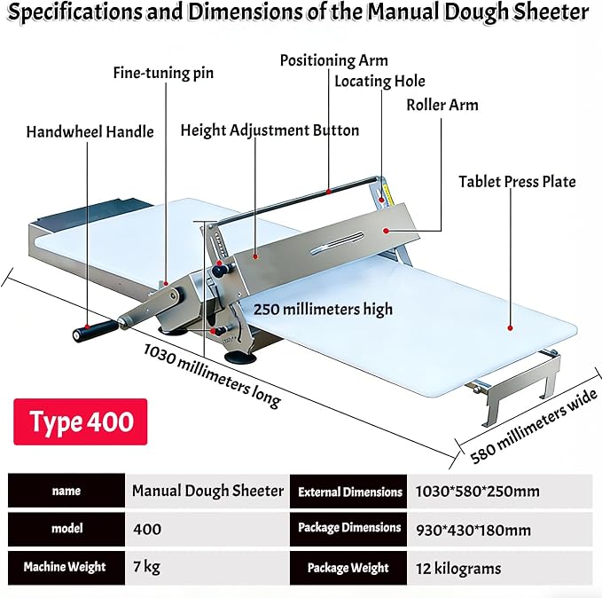 Folding Dough Sheeter (15.8"), Countertop Dough Sheeter,Dough Roller Machine Stainless Steel Sheeter 0.2-25mm Adjustable Thickness Stainless Steel Manual Dough Sheeter Machine With Board(400)