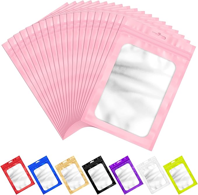 100 PCS Pink Resealable Mylar Bags with Frosted Clear Window Packaging Bags Foil Pouch Zipper Bag for Food Self Sealing Storage Supplies 5.51x7.87