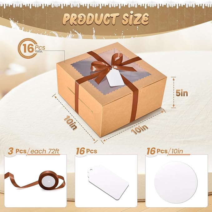 32Pcs 10 Inch Cake Boxes with Cake Boards (16Pcs Brown Cake Boxes, 16Pcs Cake Boards), 10x10x5 Inch Bakery Boxes with Window, Cake Carrier Container for Birthday Party, Wedding