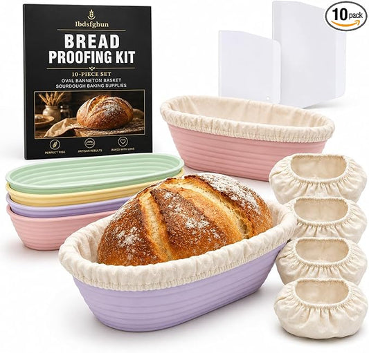 10-Piece Set Oval Banneton Bread Proofing Basket,10 Inch Natural Rattan Sourdough Proofing Kit with Cloth Liners and Dough Scrapers,Sourdough Bread Baking Supplies for Home Bakers