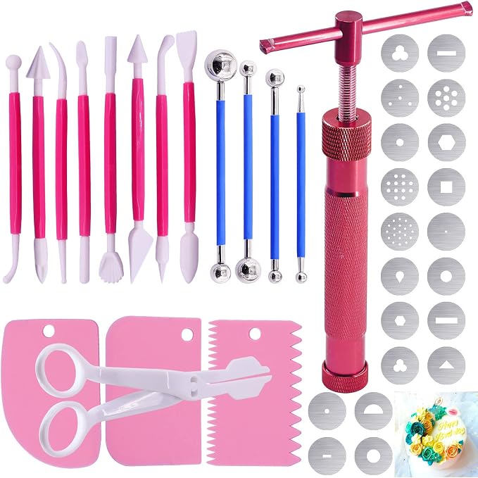 Keadic 37Pcs Rose Red Clay Fondant Extruder Cake Decorating Supplies Sugar Modeling Tool Set, Clay Extruder Gun with 20 Tips Sugar Extruder Disks & Ball Stylus Dotting Tool
