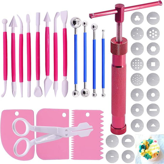 Keadic 37Pcs Rose Red Clay Fondant Extruder Cake Decorating Supplies Sugar Modeling Tool Set, Clay Extruder Gun with 20 Tips Sugar Extruder Disks & Ball Stylus Dotting Tool