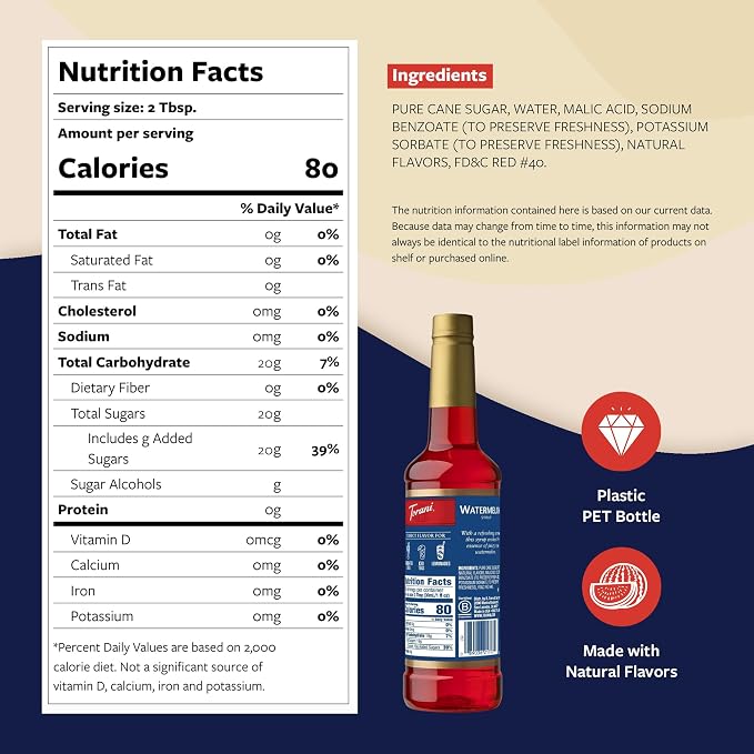 Torani Watermelon Syrup for Drinks, Flavoring for Sodas and Cocktails, Pump Included, 25.4 Oz