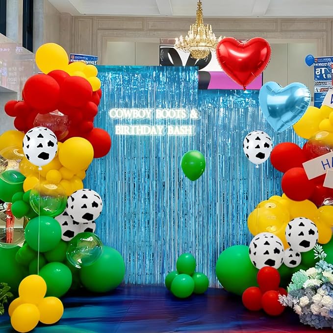 Toy Inspired Story Balloons Garland Arch Kit with Light Blue Fringe Curtain for Boys Farm Rodeo Cowboy Boots Animal Themed Baby Shower Birthday Kids Barnyard Celebration Party Decorations