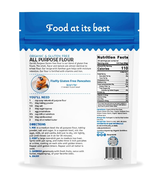 Quay Naturals Organic Gluten Free All Purpose Baking Flour - 2 lbs, No Grit, 1:1 Wheat Substitution, Dairy Free, Non-GMO, Kosher, Made in USA