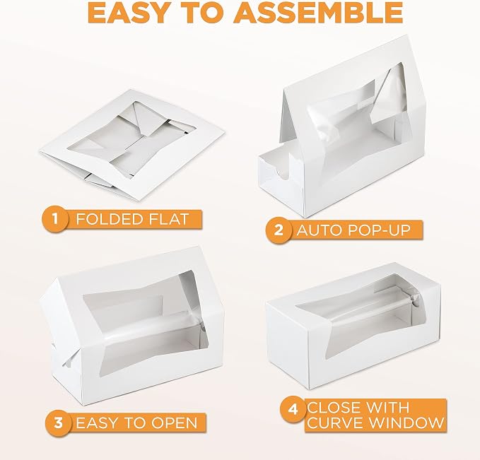 Fit Meal Prep 25 Pack 9 x 4 x 3.5 Inches White Bakery Boxes with Window, Auto-Popup Cardboard Gift Packaging and Baking Containers, Cupcake, Cookie and Loaf Bread Boxes