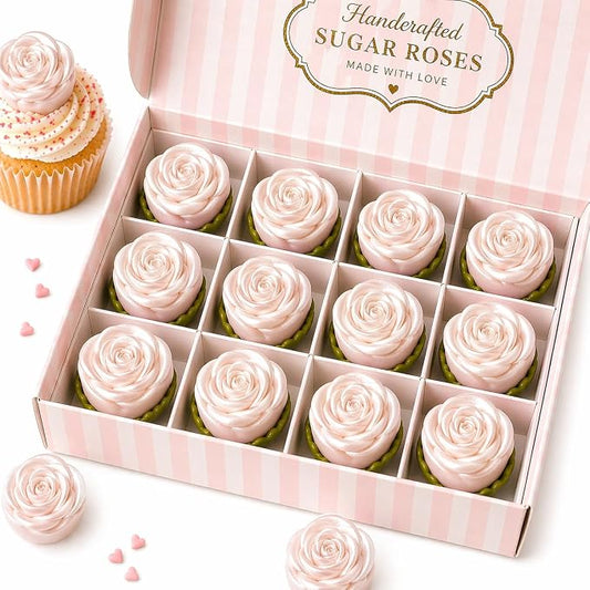 Confect Metallic Edible Lumniscent Pearl Roses | Christmas Cupcake Toppers | Edible Flower For Cake Decorating | Edible Metallic Sugar - Soy-Free, Dairy-Free, Palm Oil-Free -Pack of 12