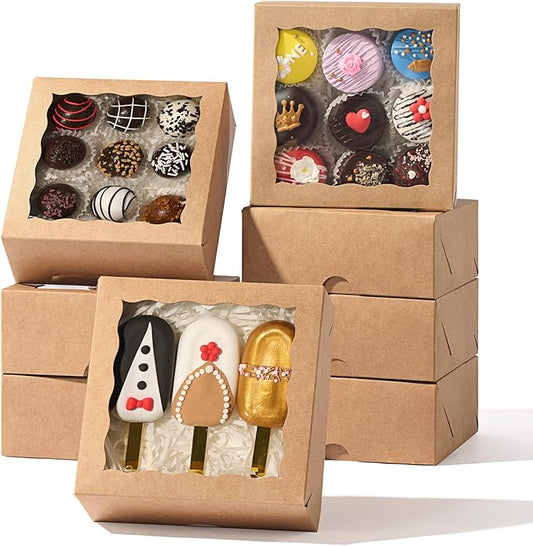 20 Pack 6x6x2.5 Inch Brown Pastries Boxes with Window for Cookie, Cake, Macaron, Pie, Bath Bombs,Chocolate Covered Strawberries & More