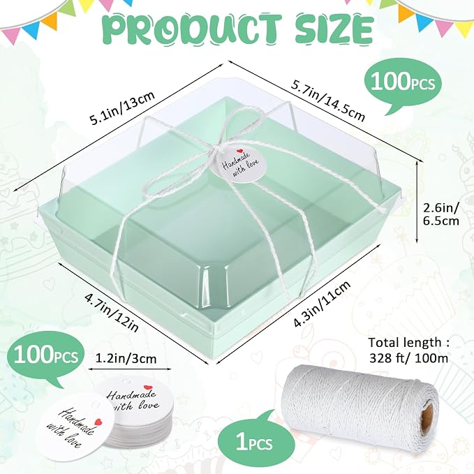 Outus 100 Pack Charcuterie Boxes with Clear Lids, Paper Dessert Boxes to Go with Gift Tags Rope Disposable Party Treat Food Containers for Cookies, Donuts, Muffins, Salad, and Pastry