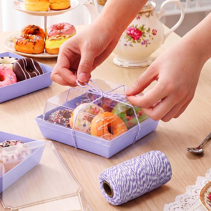 Jetec 50 Pack Charcuterie Boxes with Clear Lids and Rope 4 Inches Cake Disposable Square Dessert Food Box Containers with Lids for Bakery Macaron Cookies Strawberries Fruits Display (Light Purple)