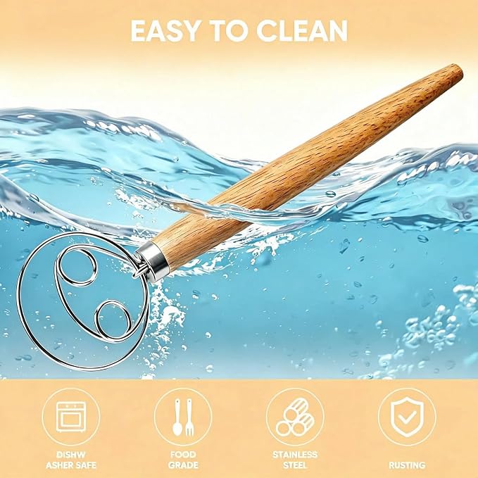 Maxjoy Danish Dough Whisk, Stainless Steel Wooden Handle, Dutch Hand Mixing Tool for Sourdough Pizza Bread Baking