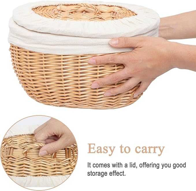 Wicker Bread Basket Serving with Lid & Removable Lining, Sourdough Proofing Basket,Eco-friendly Bread Storage basket Ideal for Picnics & Dining (Oval)