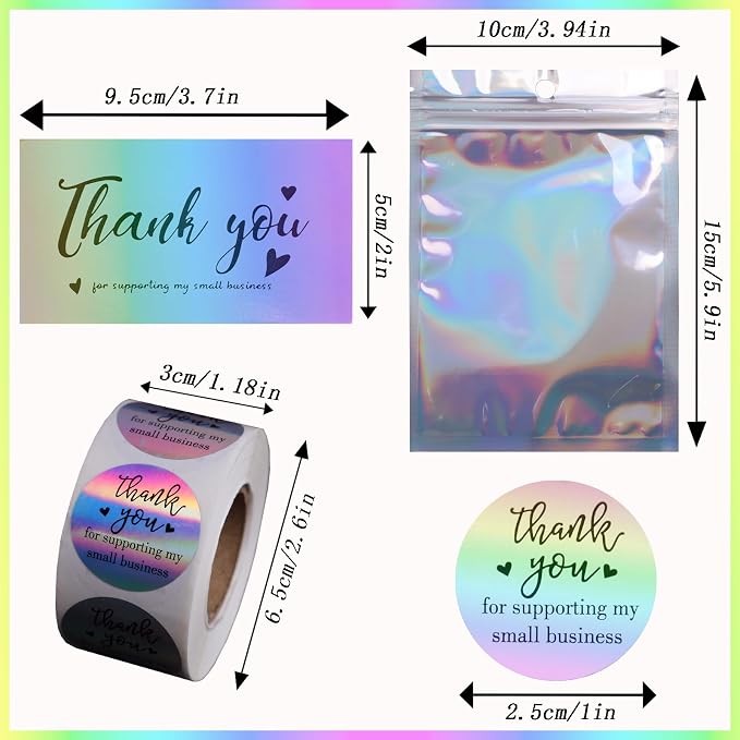 620pcs Thank You Business Cards & Stickers Set - Gold Foil, 100 Cards, 500 Stickers, 20 Resealable Bags (Holographic)