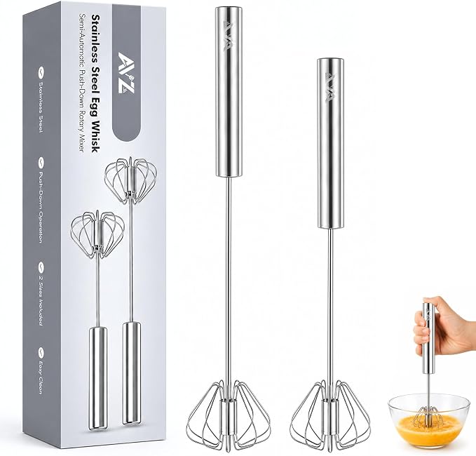 Stainless Steel Semi-automatic Egg Whisk, 2 Pack 7.9in & 11.8in Hand Push Mini Whisk, Effortless Egg Scrambler for Baking Cooking Whisking Beating & Stirring