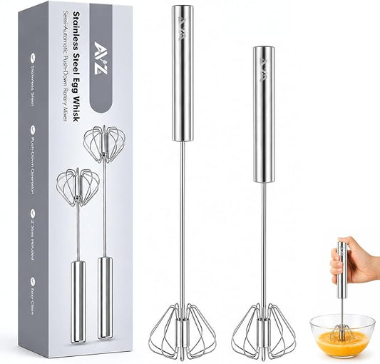 Stainless Steel Semi-automatic Egg Whisk, 2 Pack 7.9in & 11.8in Hand Push Mini Whisk, Effortless Egg Scrambler for Baking Cooking Whisking Beating & Stirring