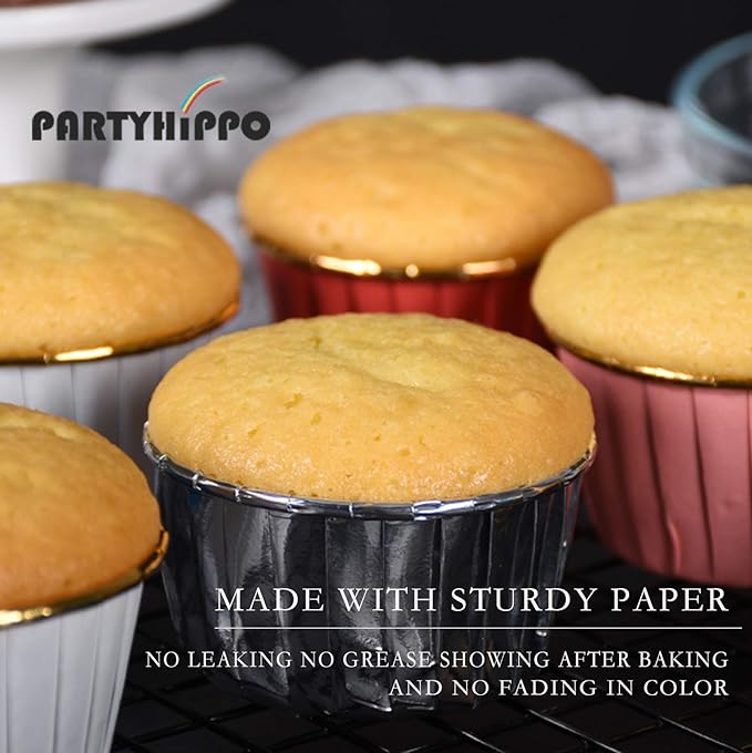 Party Hippo Cupcake Cups, 3.5 Oz 50 pcs Disposable Foil Muffin Liners, Gold Baking Cups, Ramekin Aluminum Cupcake Tip Pan Ramekin Holders, Little Baking Cups (50, Sliver)