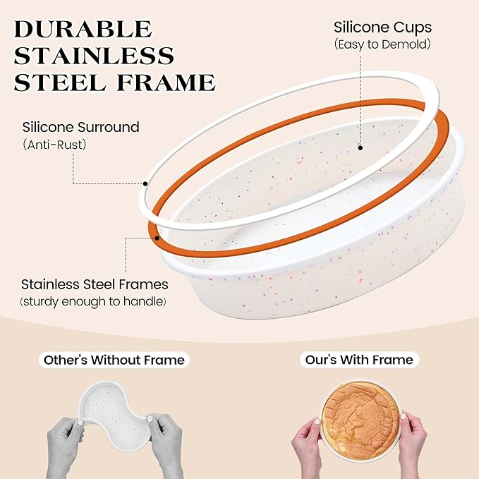 6 8 10 inch Silicone Round Cake Pans with Metal Reinforced Frame, Nonstick Layer Cake Molds for Baking, BPA Free Set of 3 (Cream)