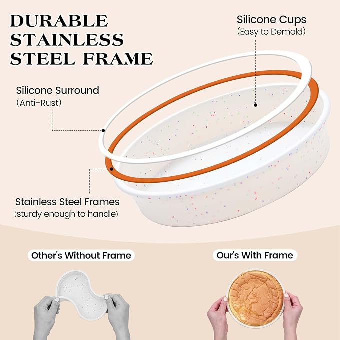 6 inch Silicone Round Cake Pans with Metal Reinforced Frame, Nonstick Small Smash Cake Molds for Baking, BPA Free Set of 2 (Cream)