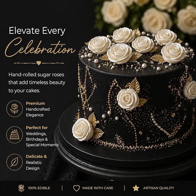 Confect Metallic Edible Lumniscent Pearl Roses | Christmas Cupcake Toppers | Edible Flower For Cake Decorating | Edible Metallic Sugar - Soy-Free, Dairy-Free, Palm Oil-Free -Pack of 12